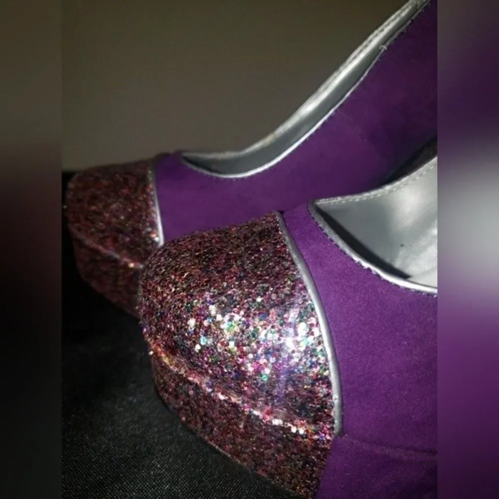 C Label Purple Suede Platform Glitter Heels Size 6.5